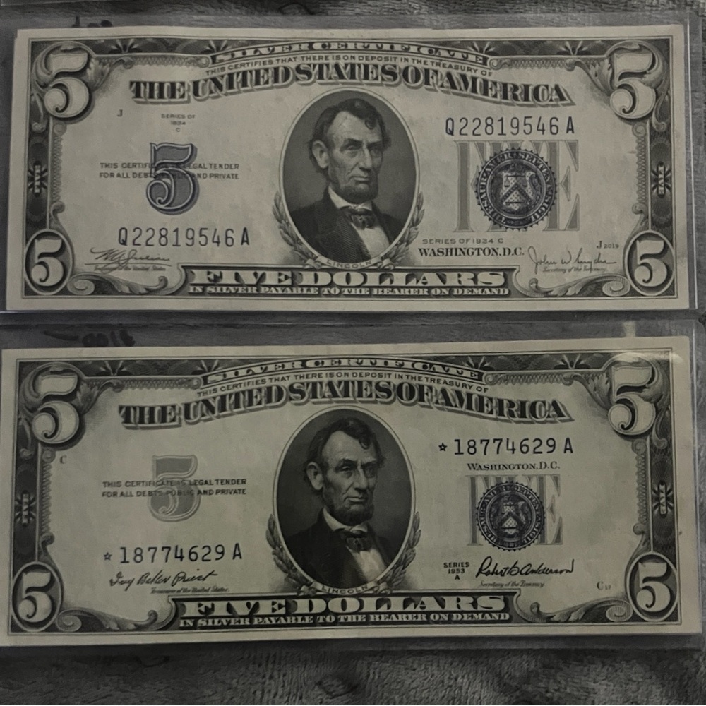 Vintage Five Dollar Bills